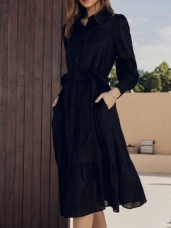 Frieeah Dresses & Skirts - NWT - Flax-Linen Frieeah Black Midi Shirtdress with Pockets & Belt - Size XL